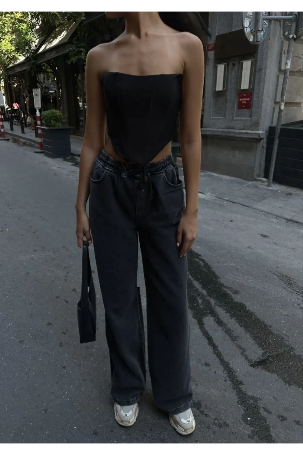 Arkadan Yırtmaçlı Jeans Kot Palazzo Pantolon - Siyah