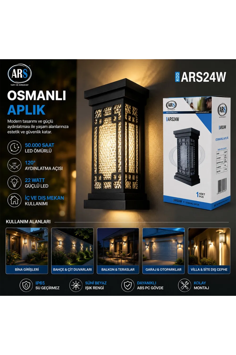 Ars-348952 ( Ip66 ) ( 50.000 Saat Led Ömrü ) ( 22w ) Osmanlı Led Aplik Duvar Lambası*30