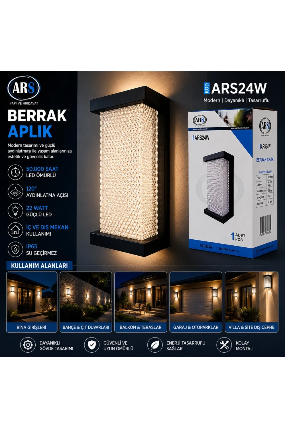 Ars-348954 ( Ip66 ) ( 50.000 Saat Led Ömrü ) ( 22w ) Berrak Led Aplik Duvar Lambası*30