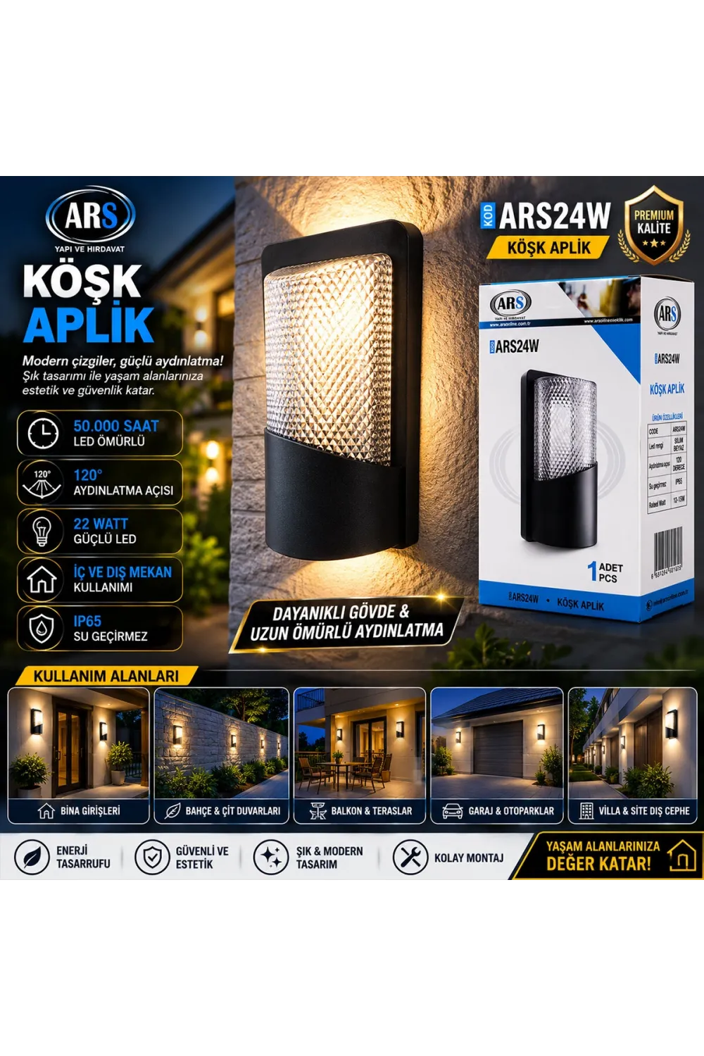 Ars-348955 ( Ip66 ) ( 50.000 Saat Led Ömrü ) ( 22w ) Köşk Led Aplik Duvar Lambası*30