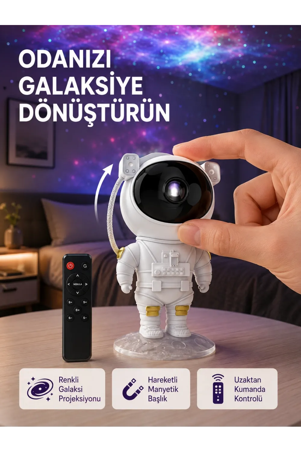 Astronot Şekilli Galaxy Projeksiyon Lambası Nebula Efektli Dekoratif Lamba
