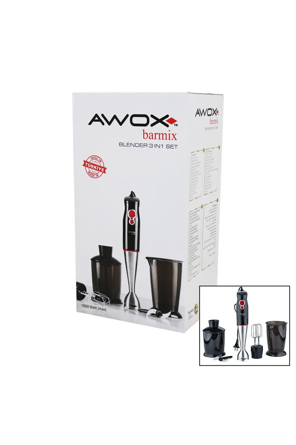 Awox Barmix  3in1  Blender Seti  Çelik 2li Mikser   Çelik Rondo Bıçak   Çelik 4 Kanatlı Bıçak   1000w