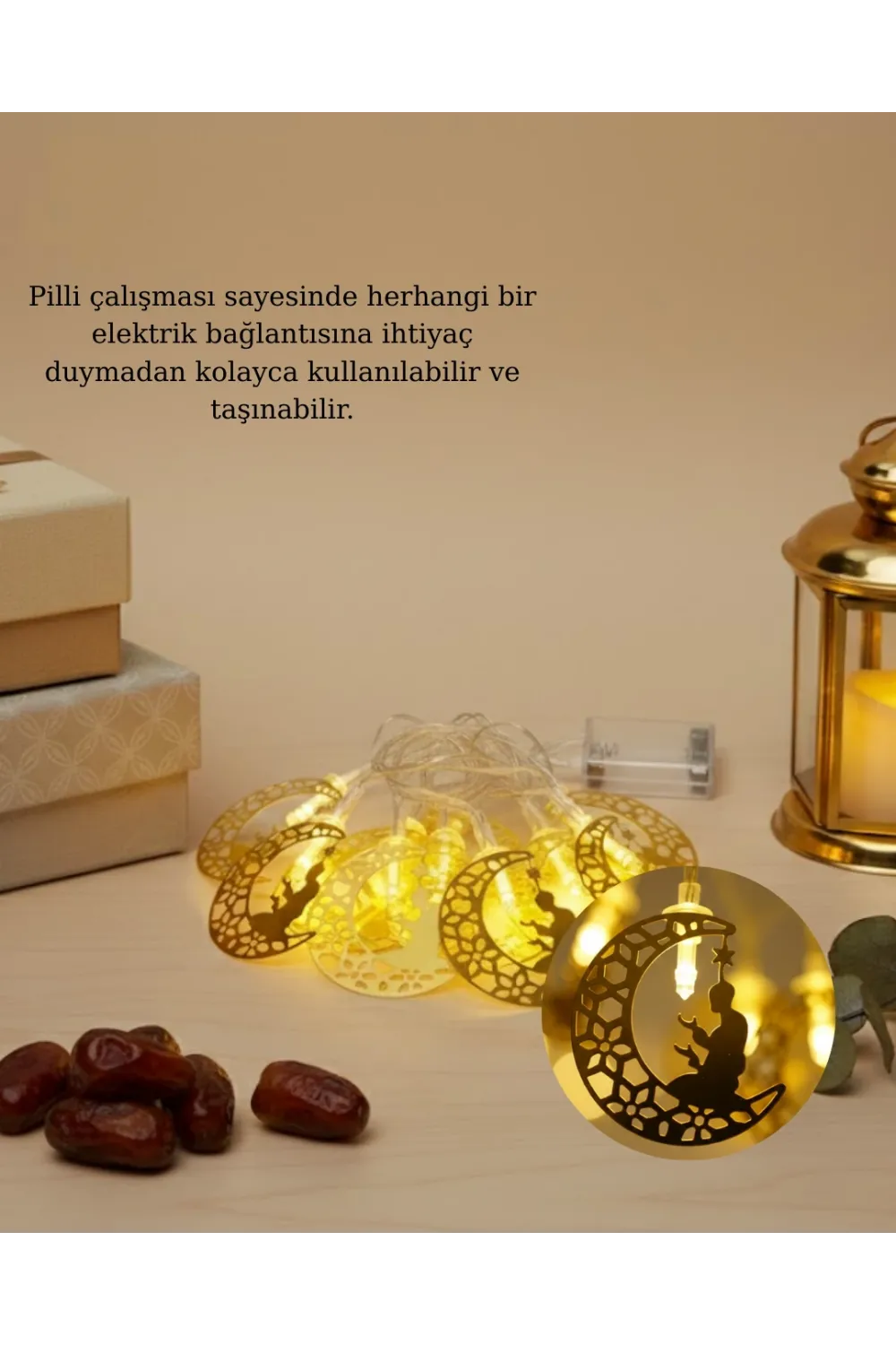 Ay Ve Secde Tasarımlı Sıcak Beyaz Led Ramazan Işığı