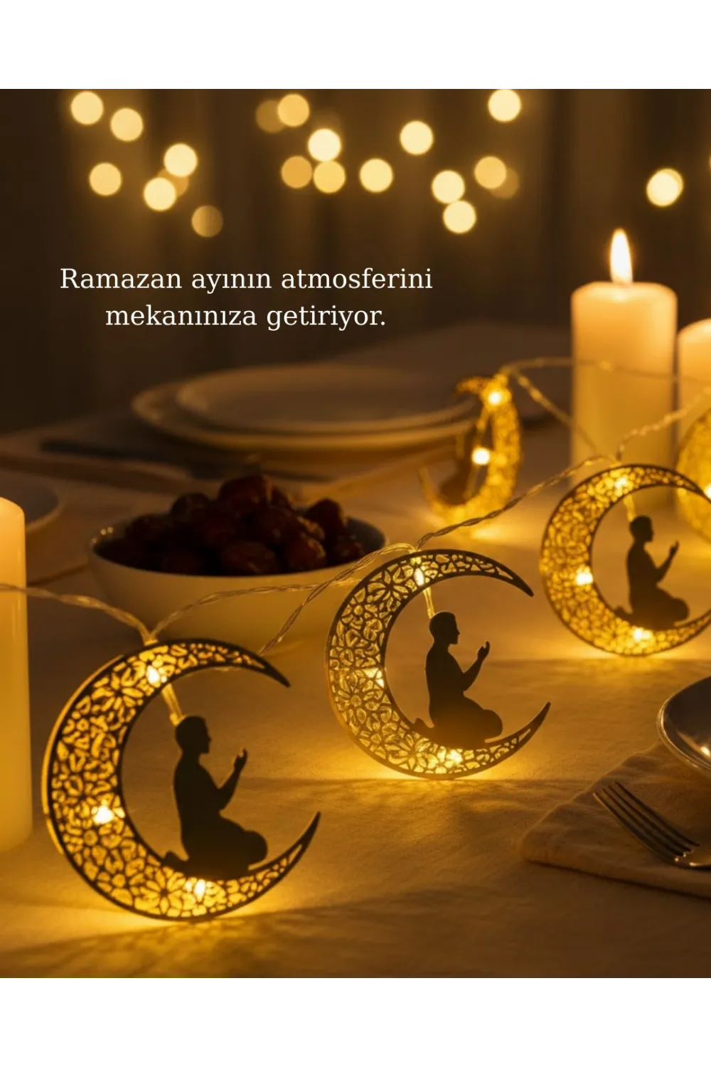 Ay Ve Secde Tasarımlı Sıcak Beyaz Led Ramazan Işığı