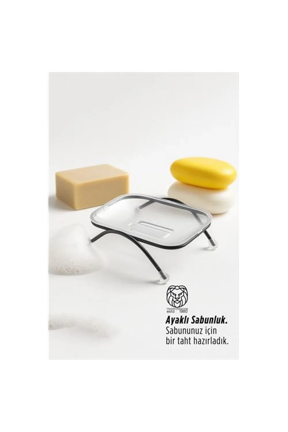 Ayaklı Sabunluk – Su Giderli, Şeffaf Tasarım, 12 x 9 cm, Tezgah Üstü Kullanım