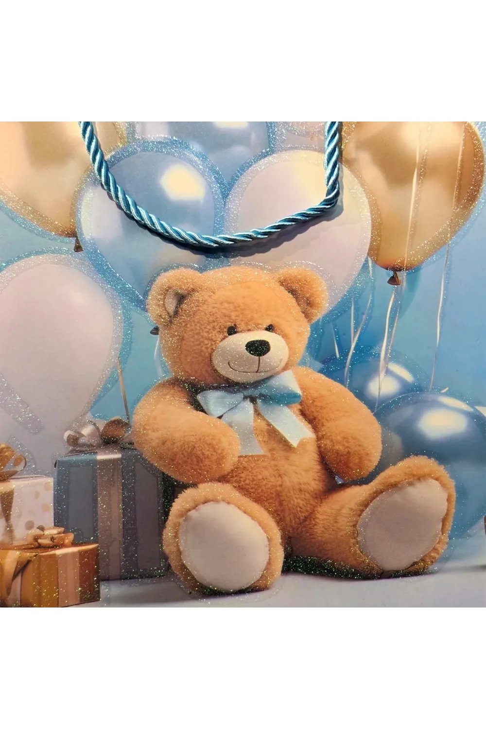 Ayıcık Desenli Mavi Büyük Boy Karton Hediye Çantası