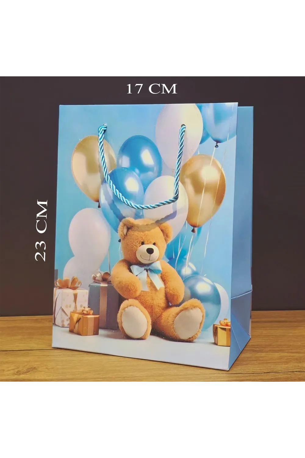 Ayıcık Desenli Mavi Küçük Boy Karton Hediye Çantası