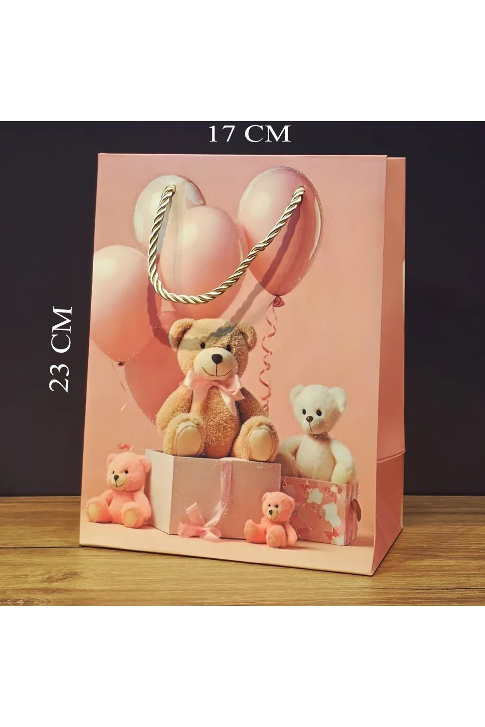 Ayıcık Desenli Pembe Küçük Boy Karton Hediye Çantası