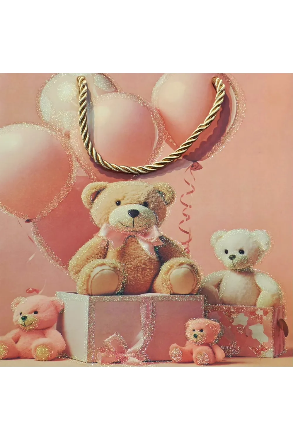 Ayıcık Desenli Pembe Küçük Boy Karton Hediye Çantası