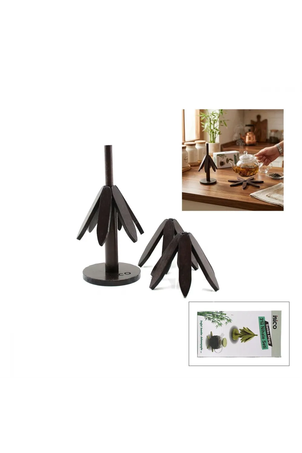 Bambu Ahşap Katlanır Nihale 20 cm - Standlı, Yaprak Desenli (2li)
