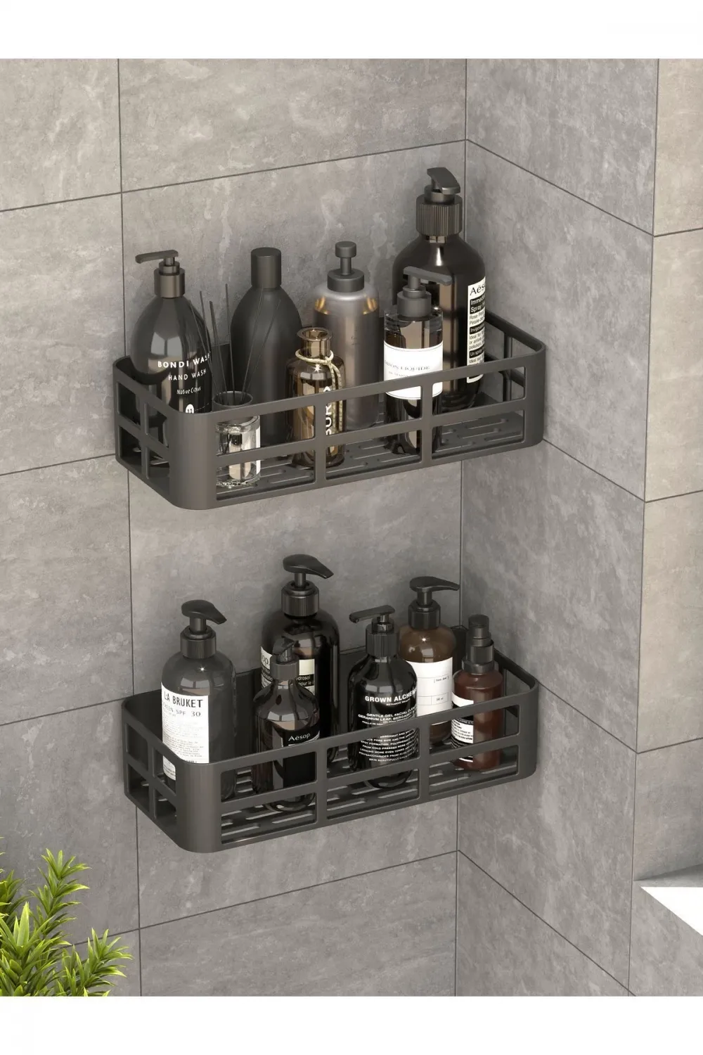 Banyo Duş Rafı 2li Yapışkanlı Ve Deliksiz Duş Organizer Suya Dayanıklı Siyah Raf