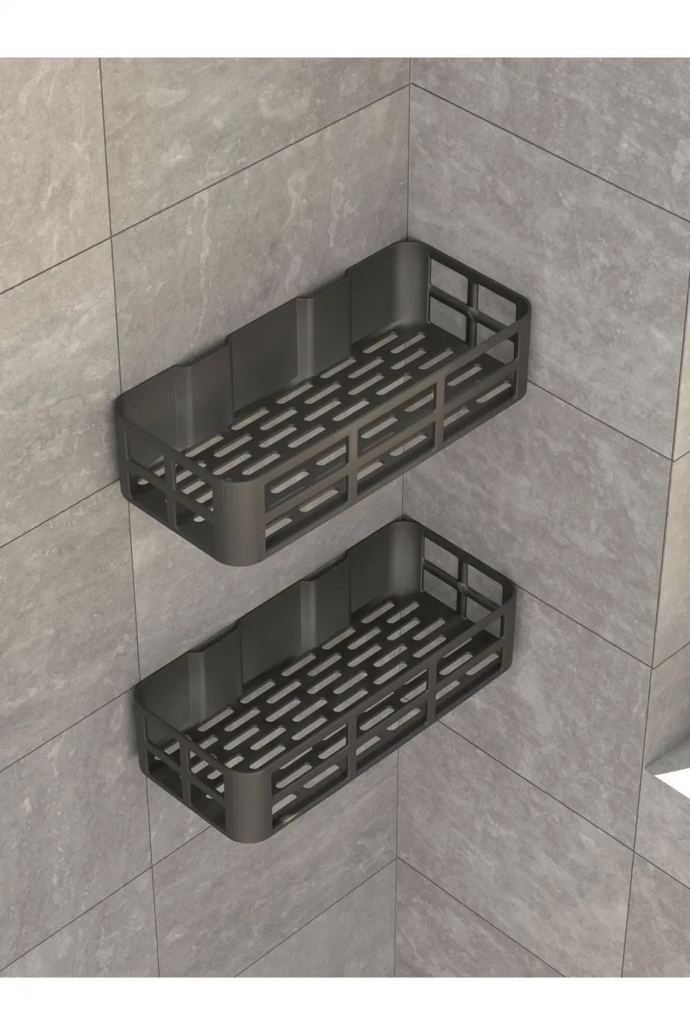 Banyo Duş Rafı 2li Yapışkanlı Ve Deliksiz Duş Organizer Suya Dayanıklı Siyah Raf