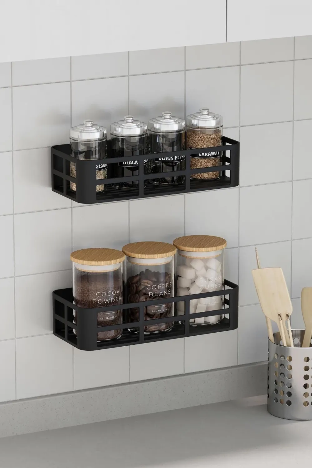 Banyo Duş Rafı 2li Yapışkanlı Ve Deliksiz Duş Organizer Suya Dayanıklı Siyah Raf