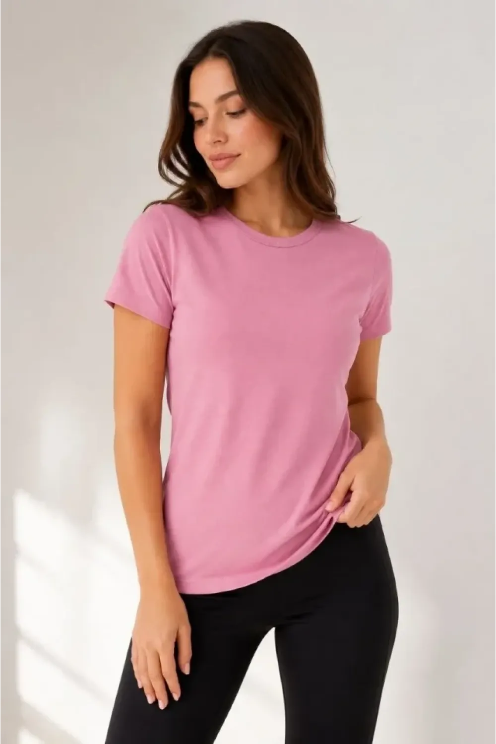 Basic Bisiklet Yaka Yazlık Slim Fit T-Shirt - Pudra Pembe - Turuncu