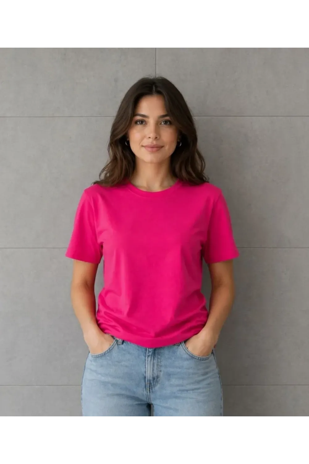 Basic Pamuklu Tişört Bisiklet Yaka Düz Renk Relaxed Fit T-Shirt - Fuşya