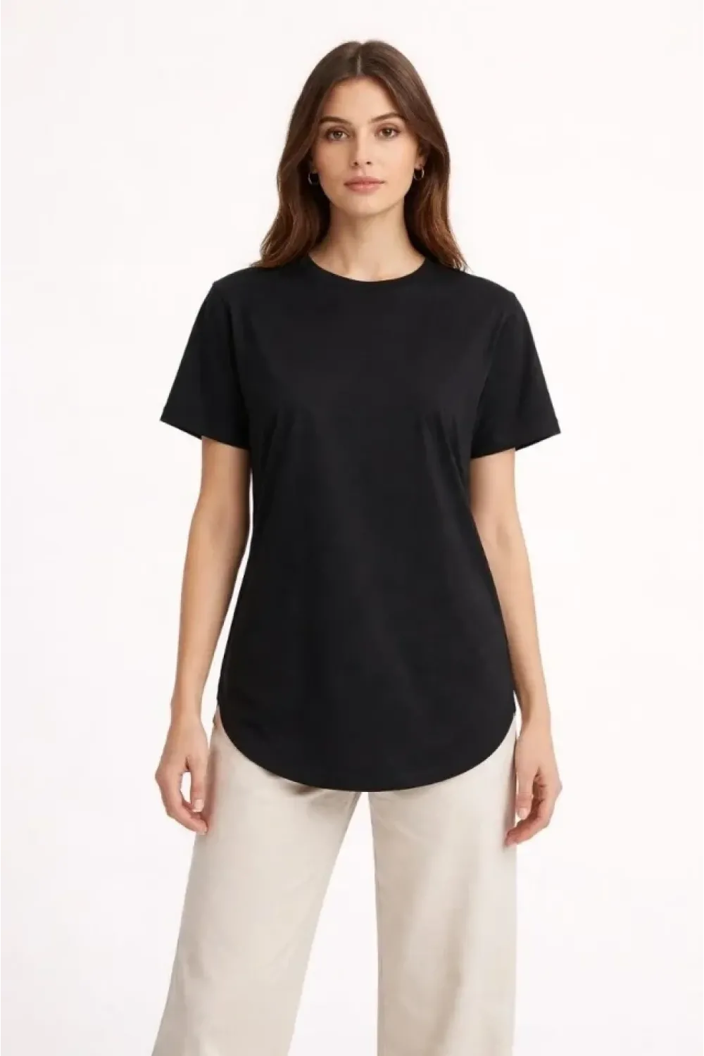 Basic T-Shirt Kısa Kol Bisiklet Yaka Oval Kesim Tişört - Siyah