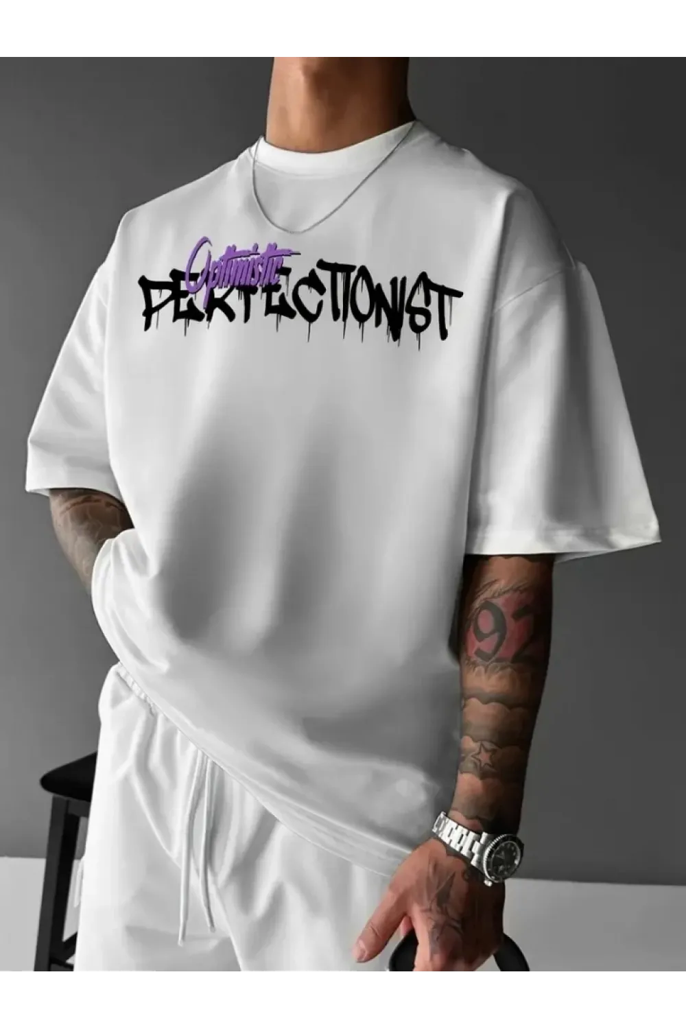 Baskılı Oversize Bisiklet Yaka T-shirt - Beyaz
