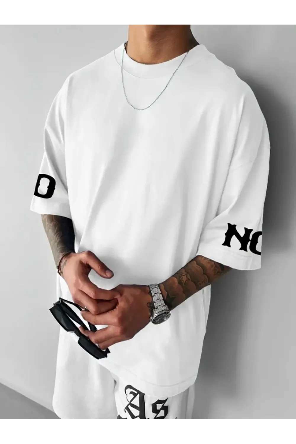 Baskılı Oversize Bisiklet Yaka T-shirt - Beyaz