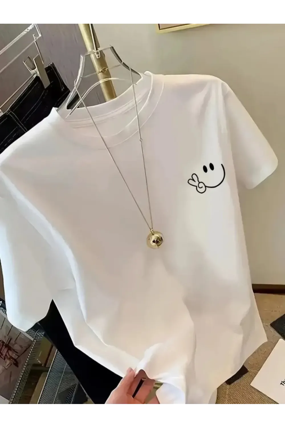 Baskılı Oversize Bisiklet Yaka T-shirt - Beyaz