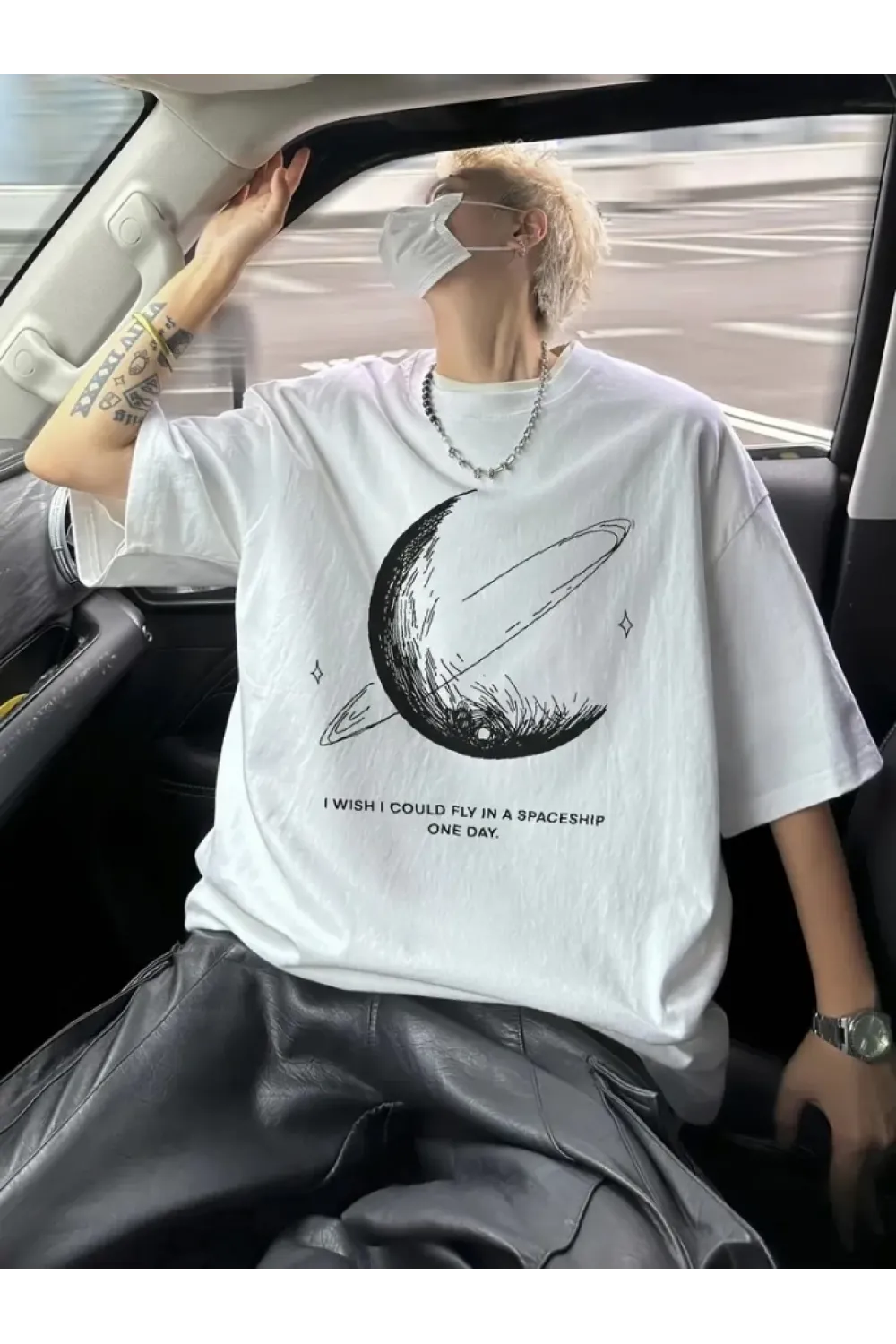 Baskılı Oversize Bisiklet Yaka T-shirt - Beyaz