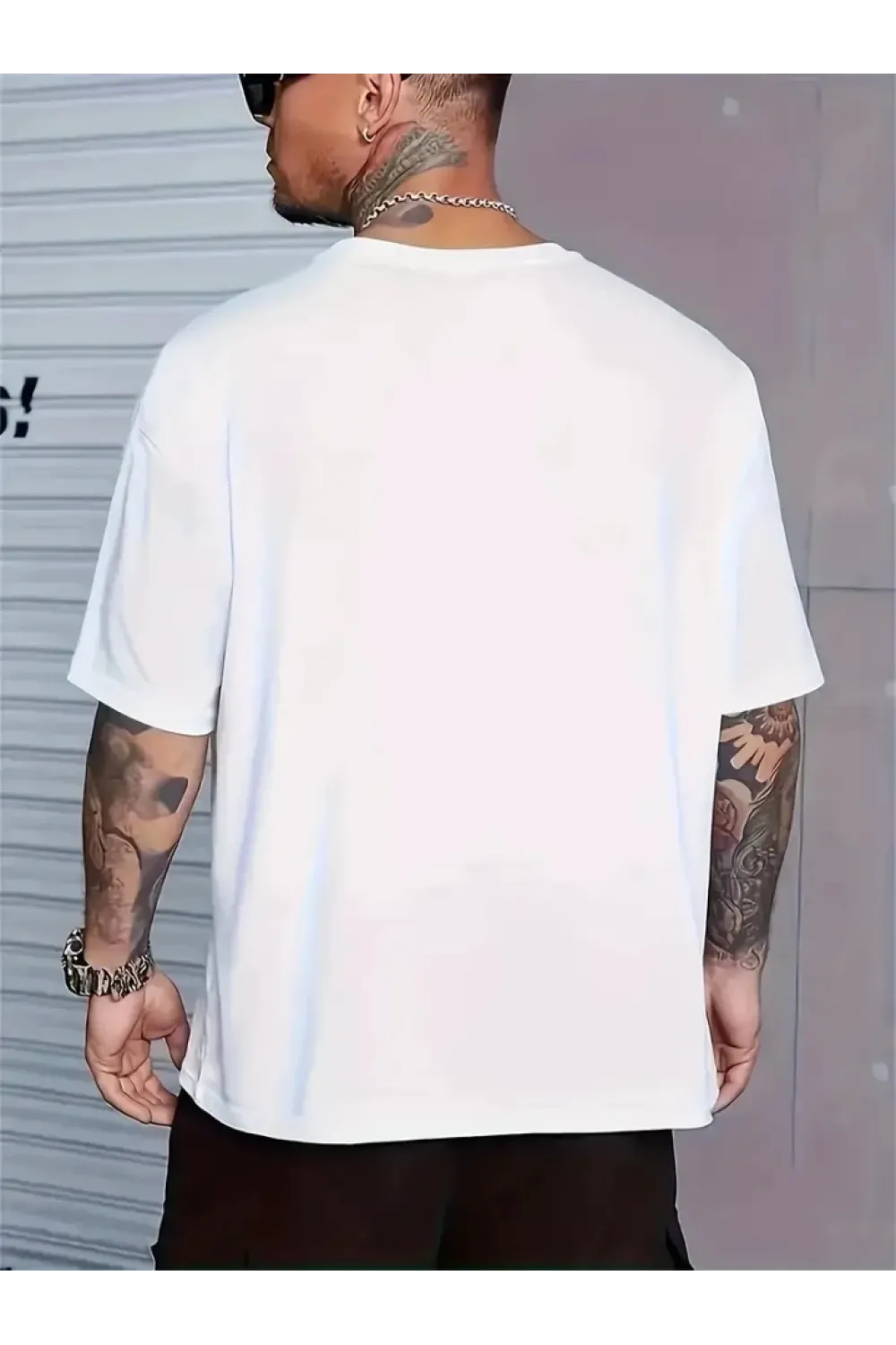 Baskılı Oversize Bisiklet Yaka T-shirt - Beyaz