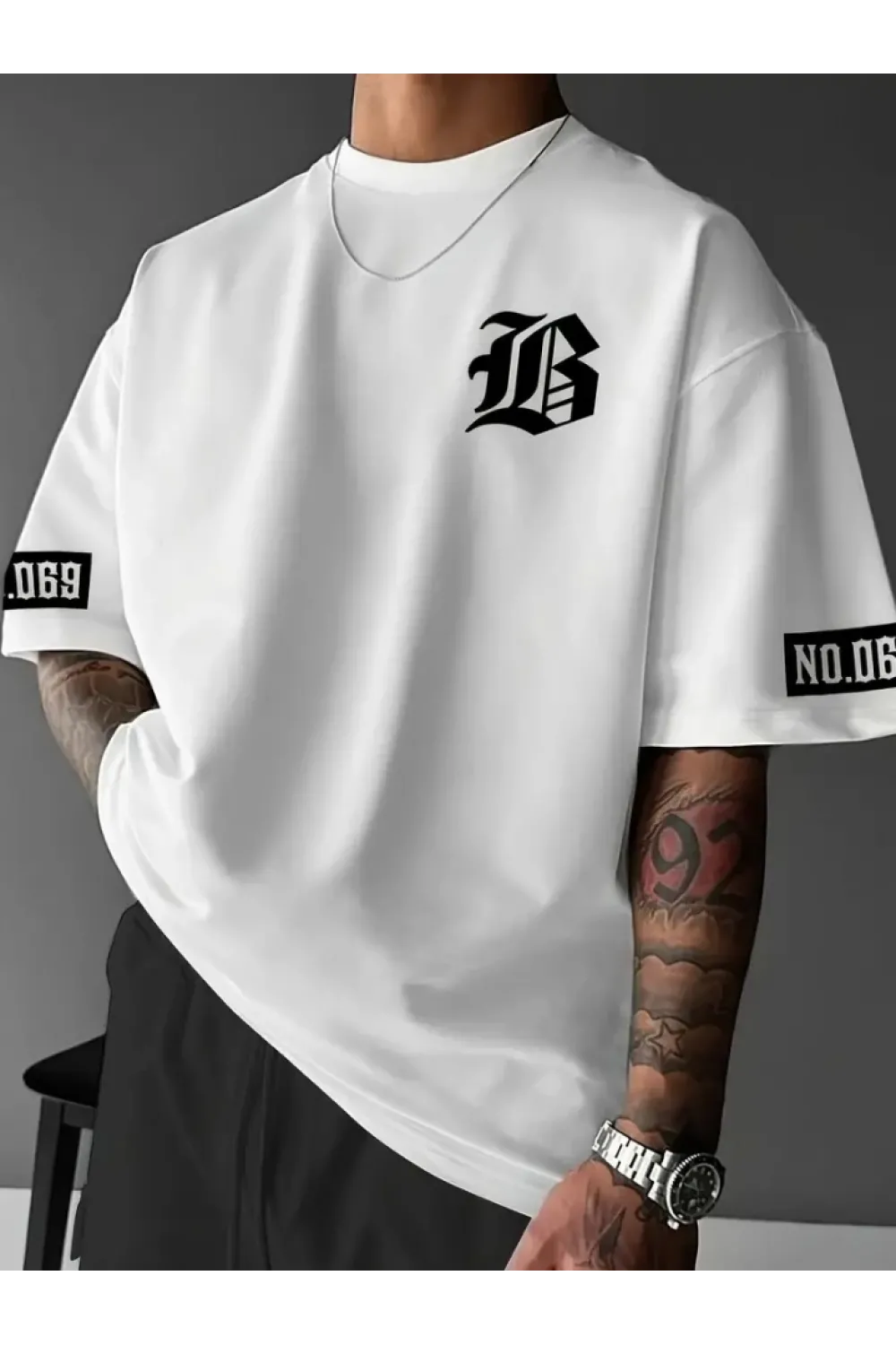 Baskılı Oversize Bisiklet Yaka T-shirt - Beyaz