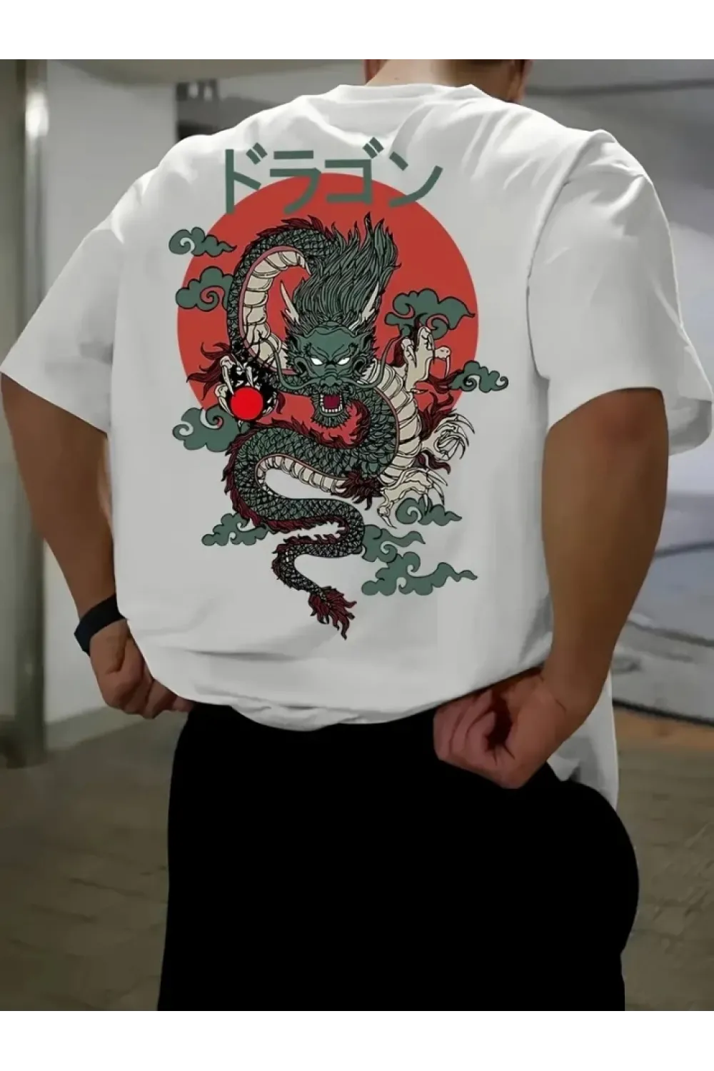 Baskılı Oversize Bisiklet Yaka T-shirt - Beyaz