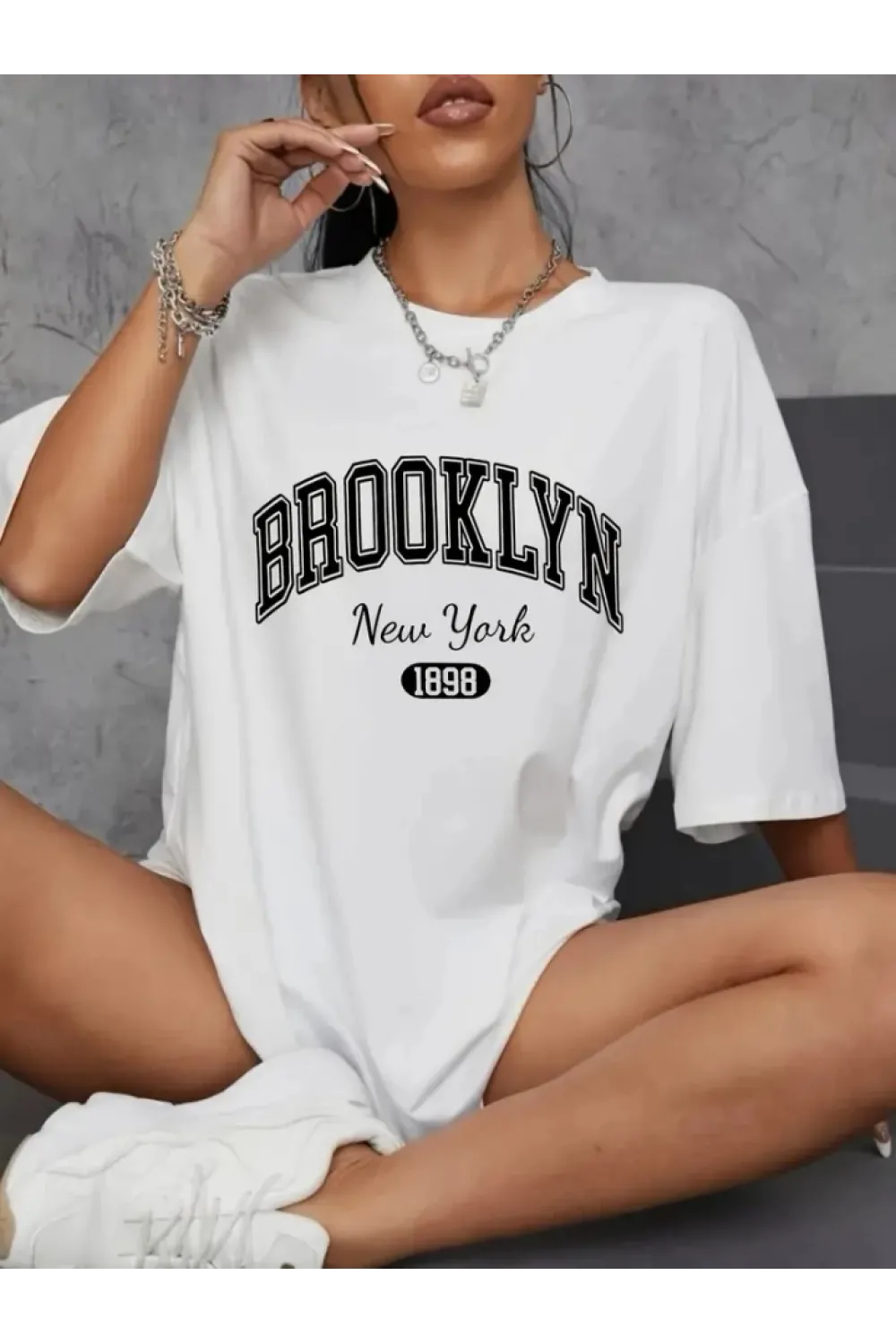 Baskılı Oversize Bisiklet Yaka T-shirt - Beyaz