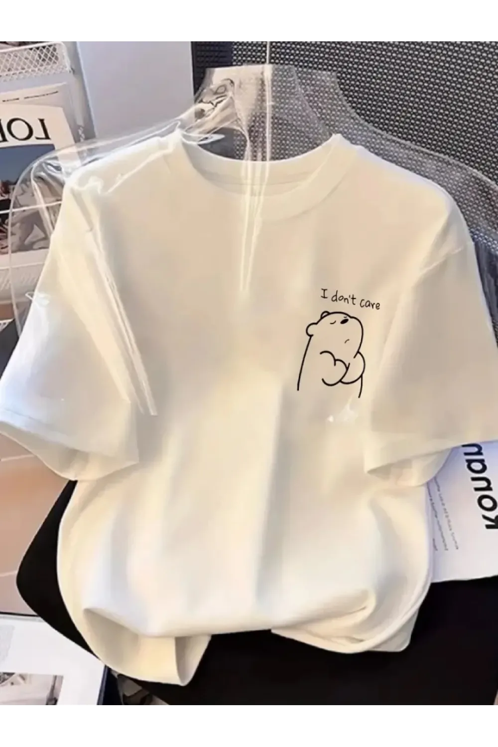Baskılı Oversize Bisiklet Yaka T-shirt - Beyaz
