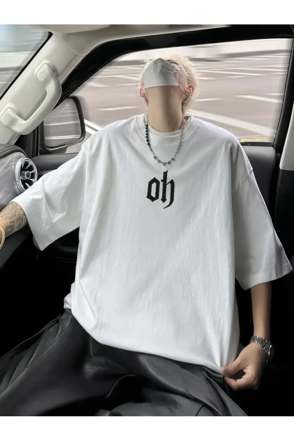 Baskılı Oversize Bisiklet Yaka T-shirt - Beyaz