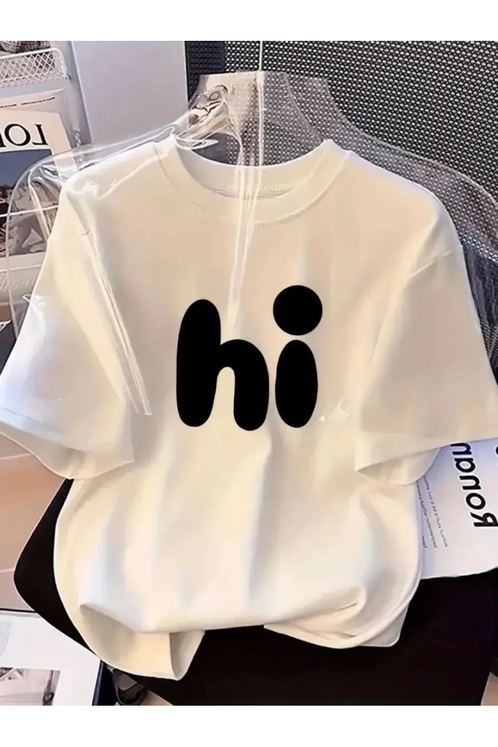 Baskılı Oversize Bisiklet Yaka T-shirt - Beyaz