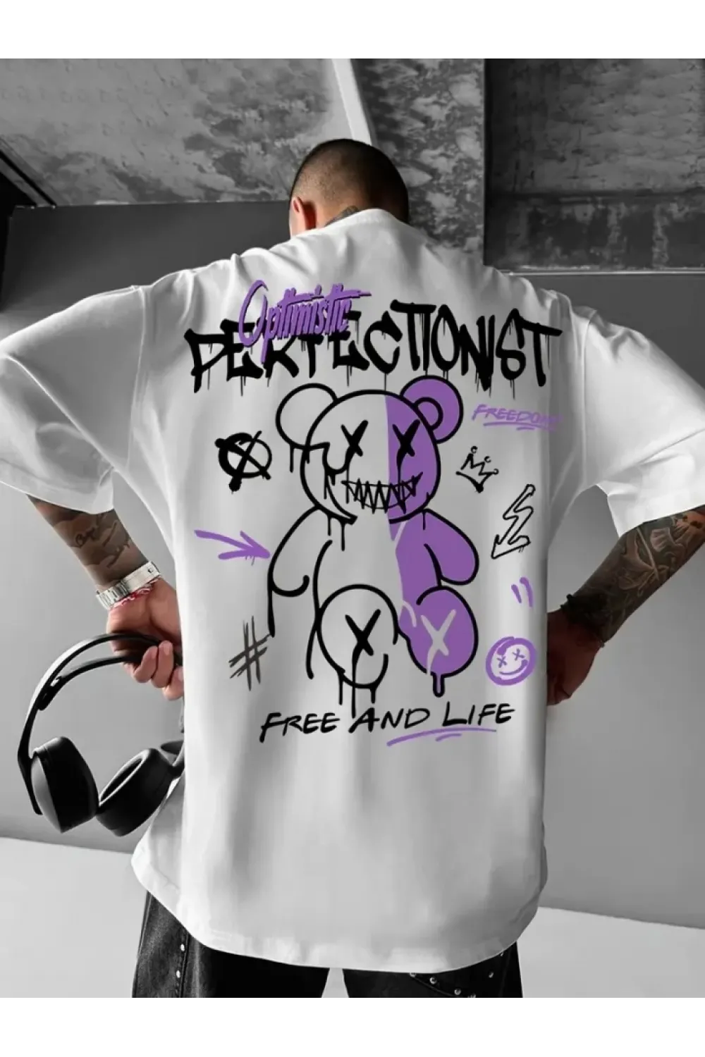 Baskılı Oversize Bisiklet Yaka T-shirt - Beyaz