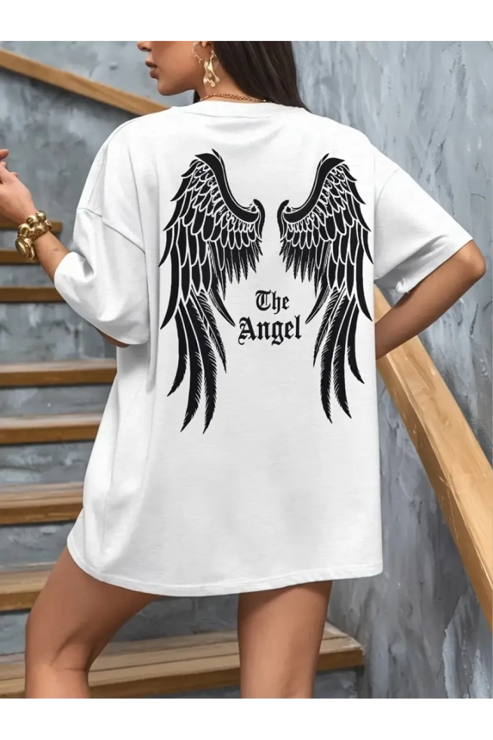 Baskılı Oversize Bisiklet Yaka T-shirt - Beyaz