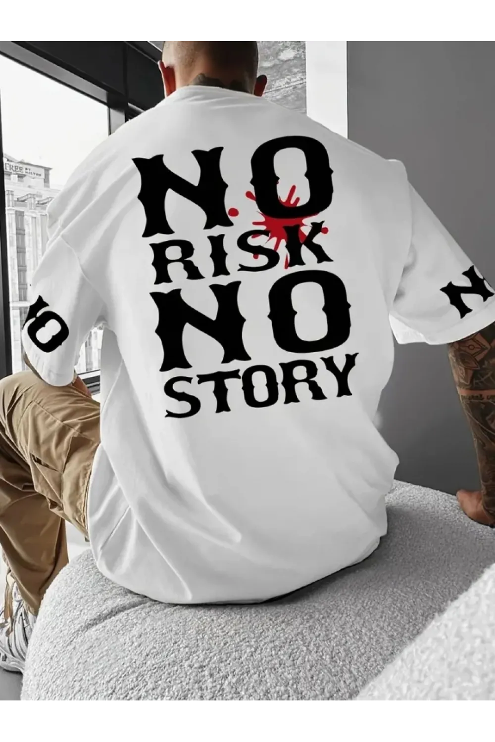 Baskılı Oversize Bisiklet Yaka T-shirt - Beyaz
