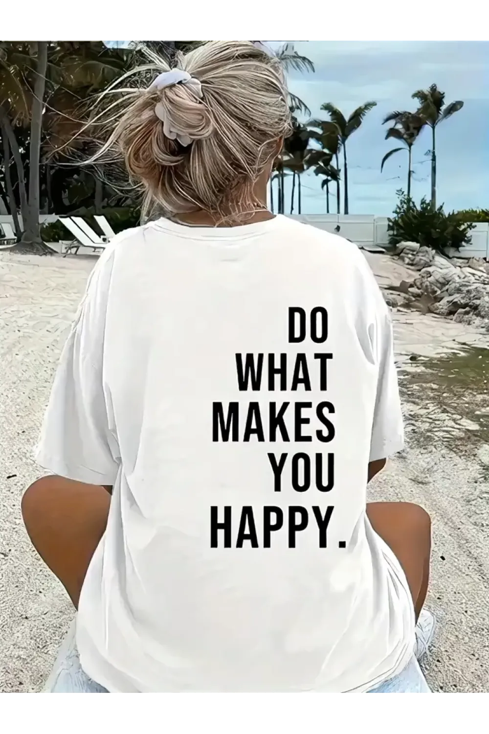 Baskılı Oversize Bisiklet Yaka T-shirt - Beyaz