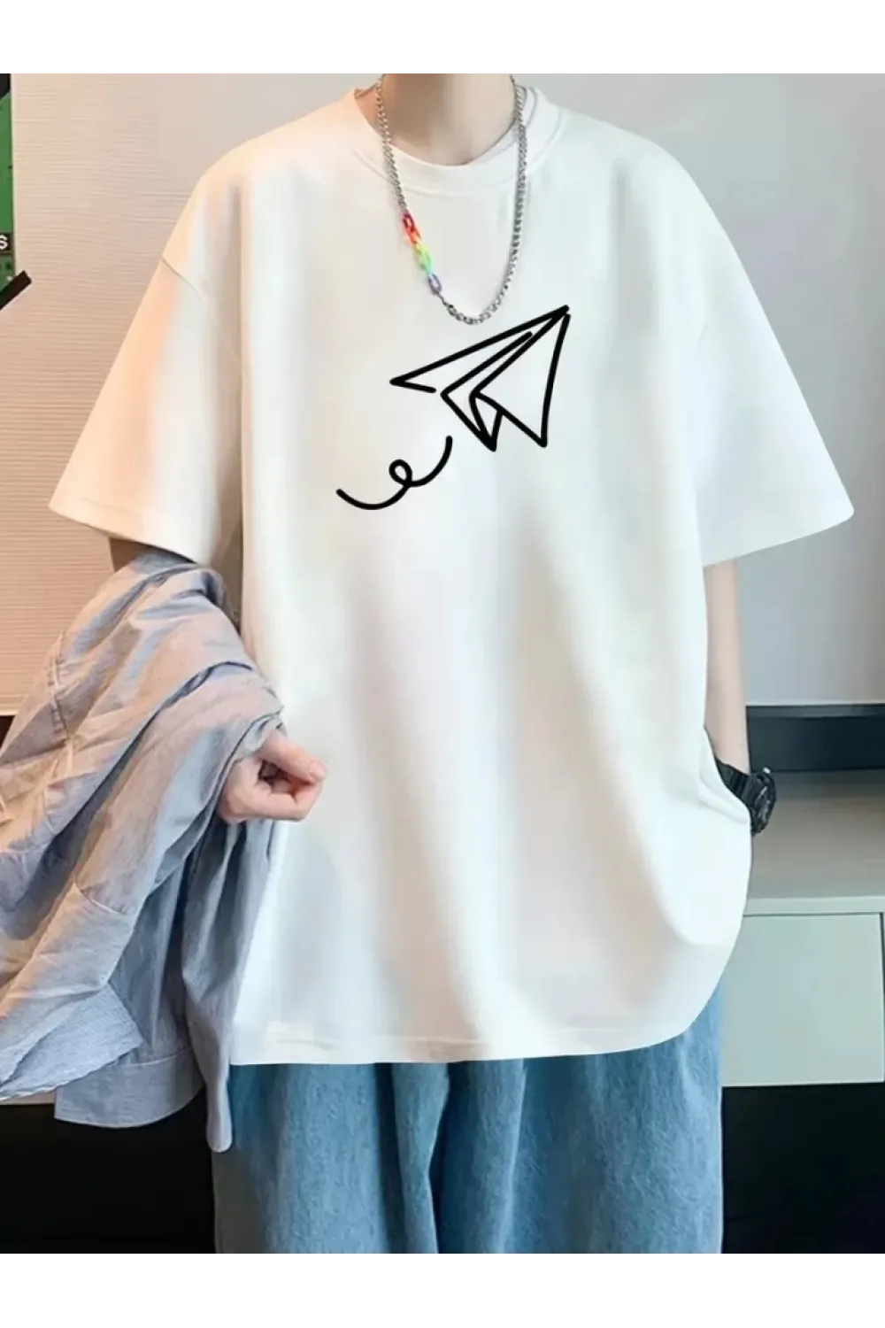 Baskılı Oversize Bisiklet Yaka T-shirt - Beyaz