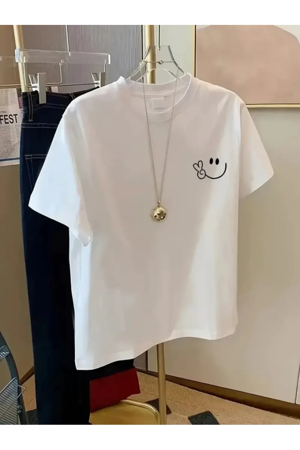 Baskılı Oversize Bisiklet Yaka T-shirt - Beyaz
