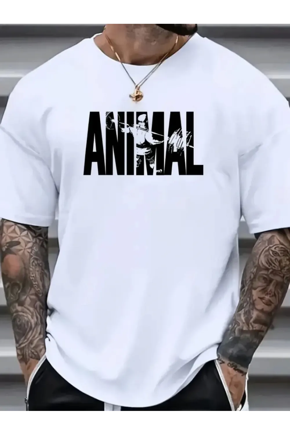 Baskılı Oversize Bisiklet Yaka T-shirt - Beyaz