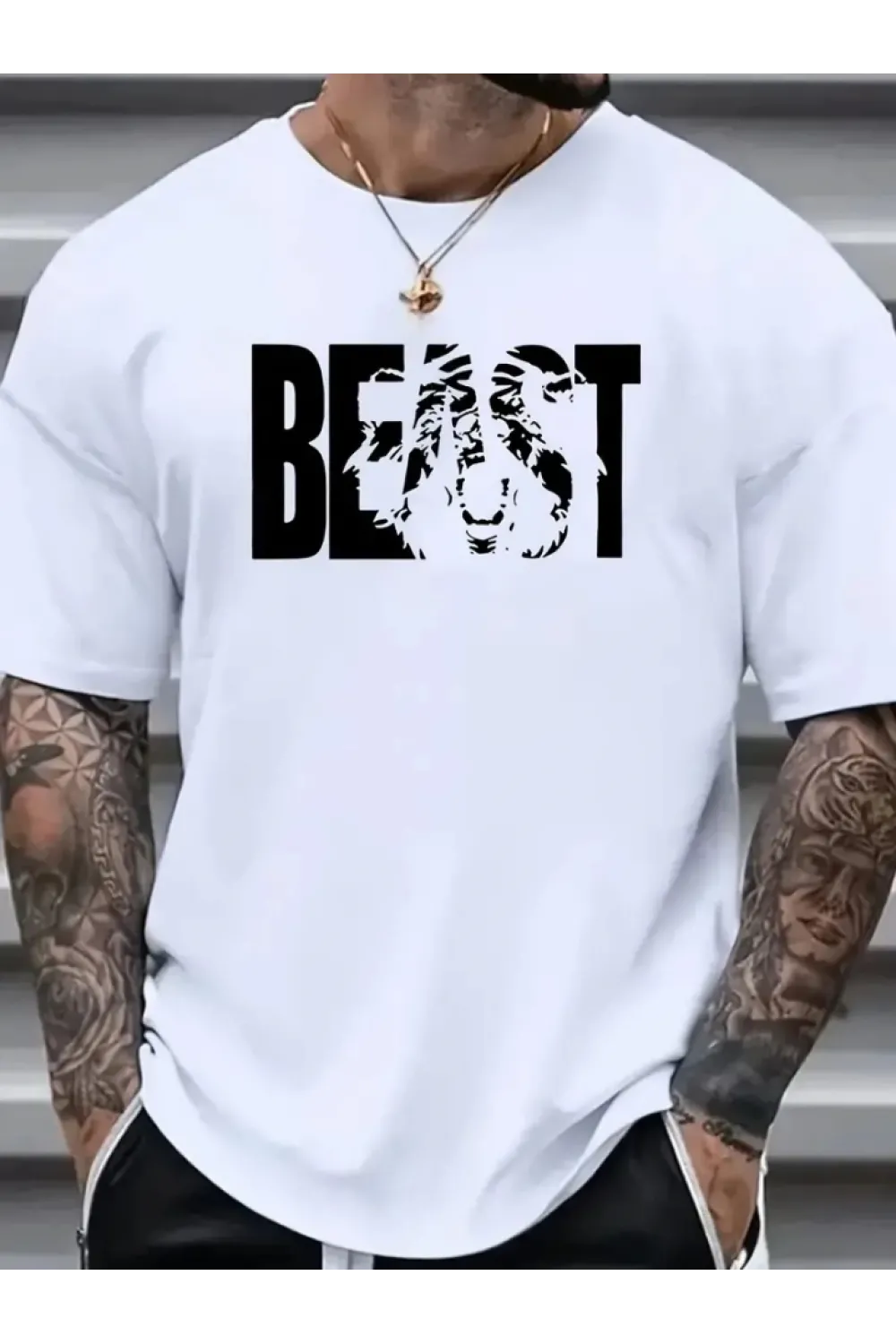 Baskılı Oversize Bisiklet Yaka T-shirt - Beyaz