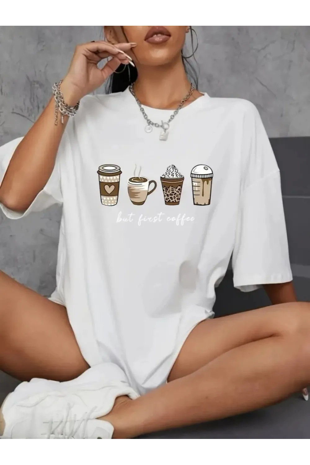 Baskılı Oversize Bisiklet Yaka T-shirt - Beyaz