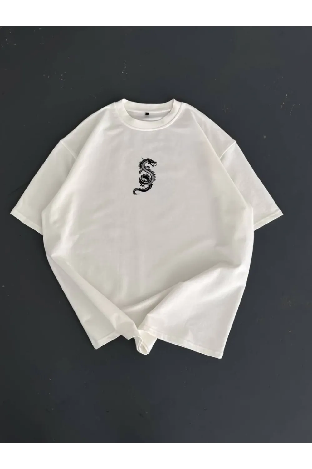 Baskılı Oversize Bisiklet Yaka T-shirt - Beyaz