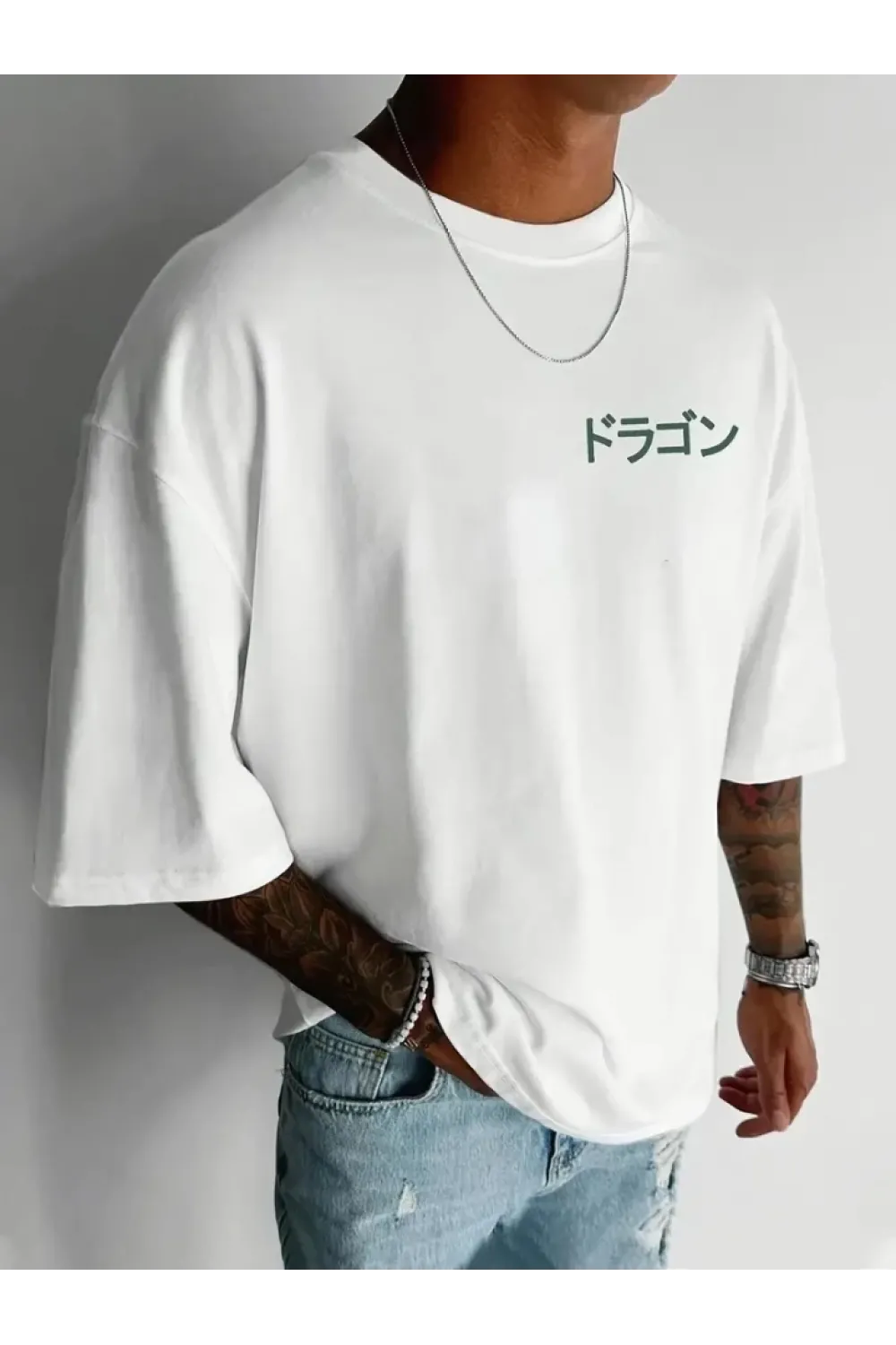 Baskılı Oversize Bisiklet Yaka T-shirt - Beyaz