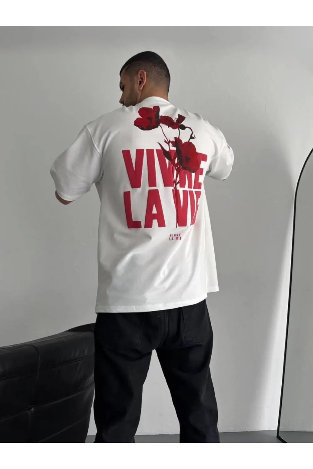 Baskılı Oversize Bisiklet Yaka T-shirt - Beyaz