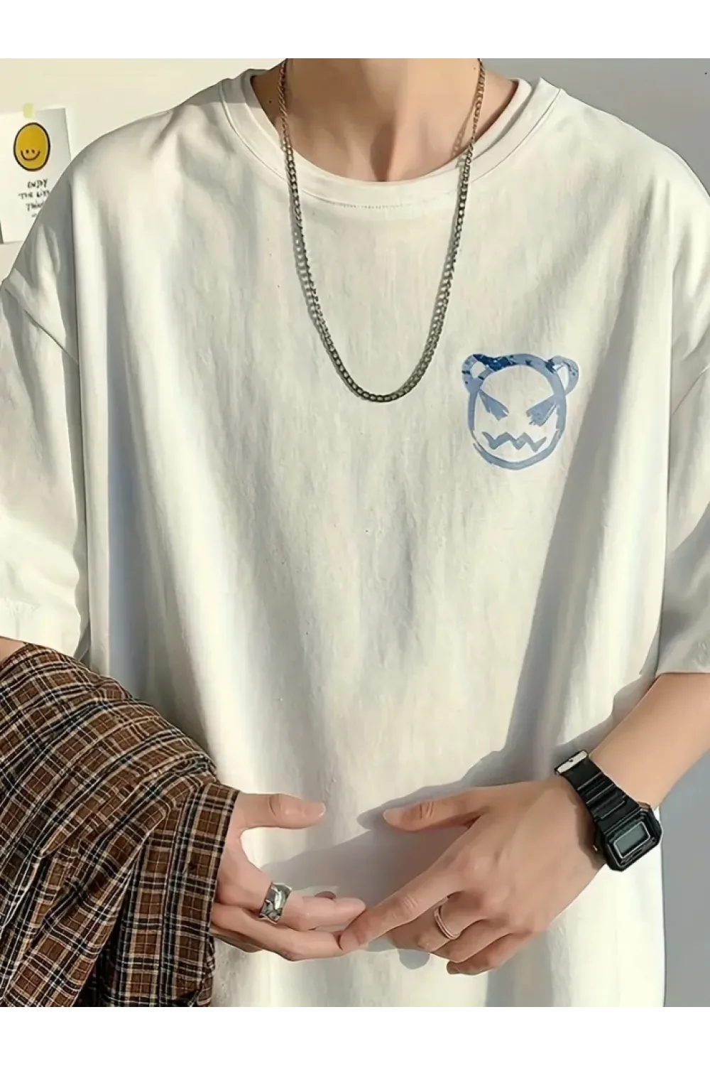 Baskılı Oversize Bisiklet Yaka T-shirt - Beyaz