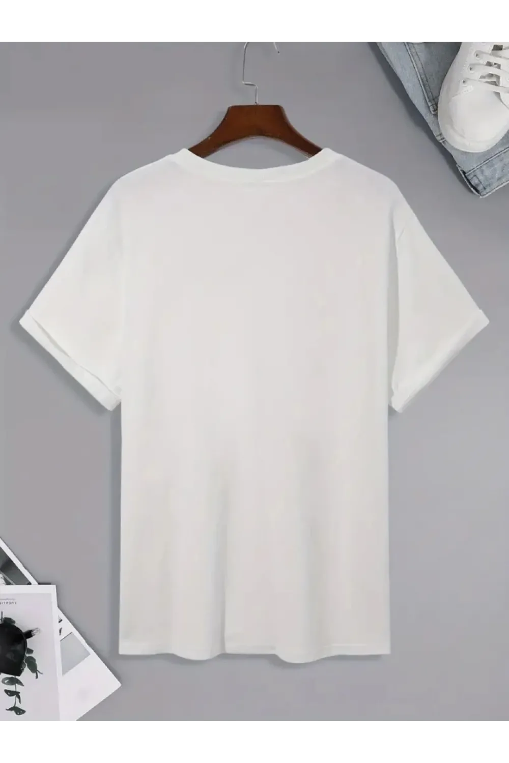 Baskılı Oversize Bisiklet Yaka T-shirt - Beyaz