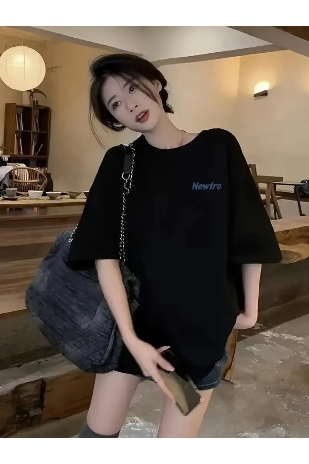 Baskılı Oversize Bisiklet Yaka T-shirt - Siyah