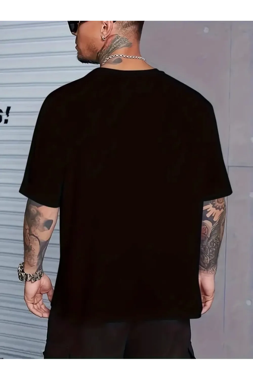 Baskılı Oversize Bisiklet Yaka T-shirt - Siyah