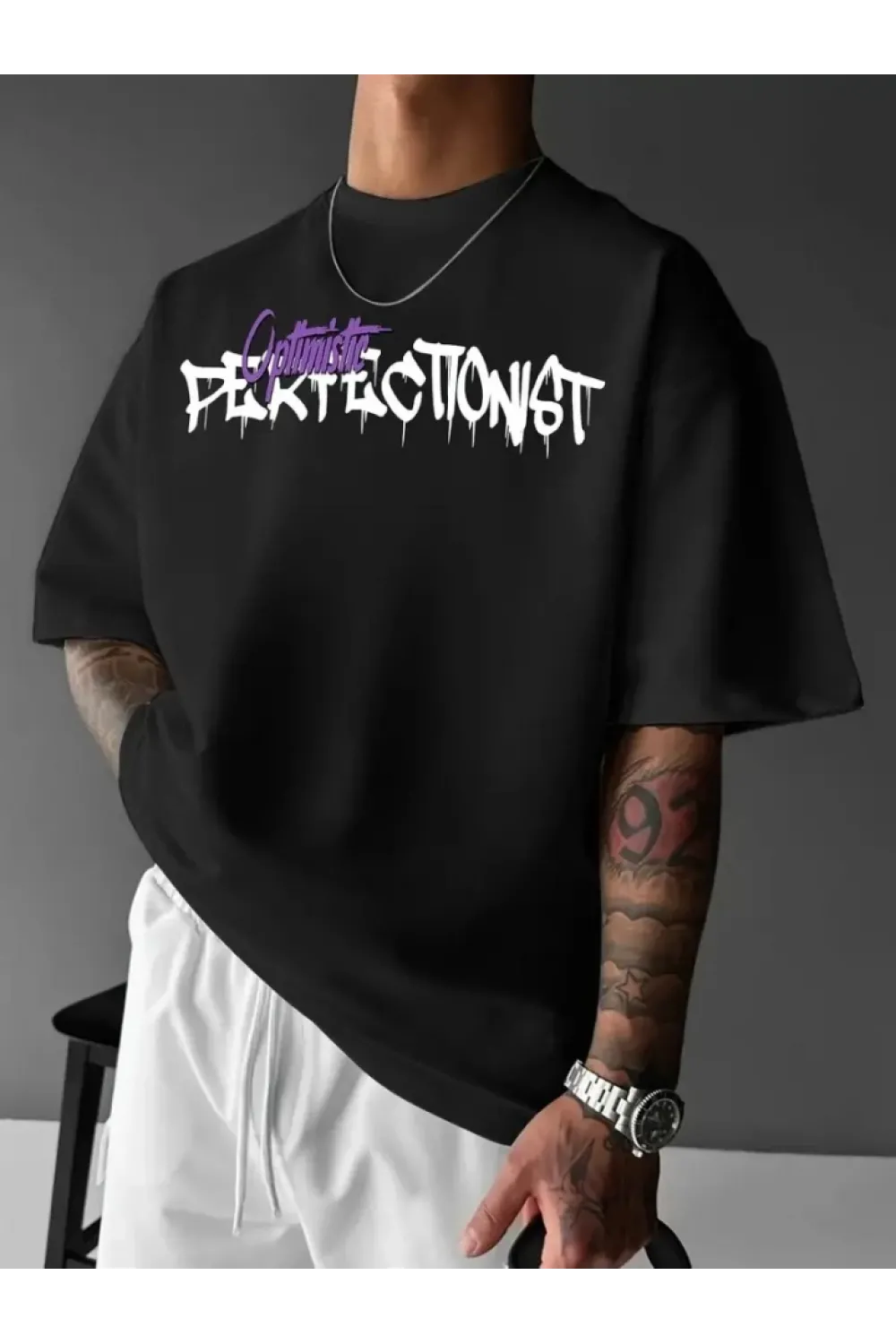 Baskılı Oversize Bisiklet Yaka T-shirt - Siyah