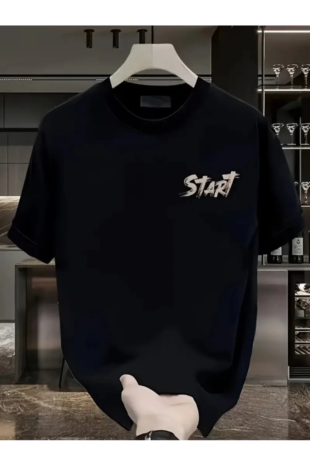 Baskılı Oversize Bisiklet Yaka T-shirt - Siyah