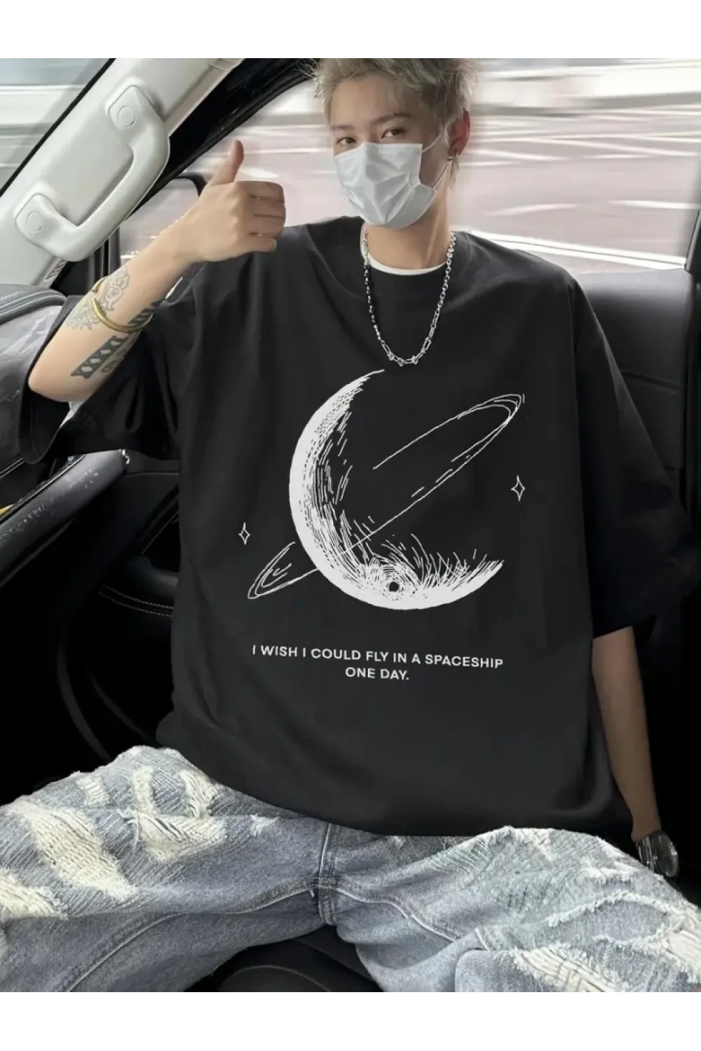 Baskılı Oversize Bisiklet Yaka T-shirt - Siyah